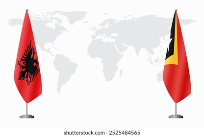 Albania and East Timor flags for official meeting against background of world map.