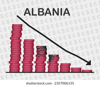 Desplome económico de Albania, disminución de los valores con monedas, concepto de crisis y degradación, bandera de Albania con cambios, flecha en caída, idea de pancarta de noticias, fracaso y disminución, decadencia financiera