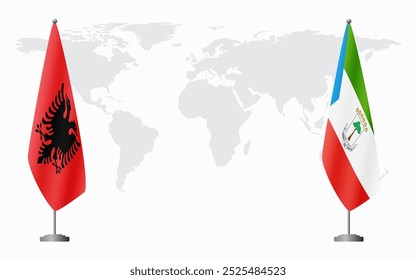 Bandeiras da Albânia e da Guiné Equatorial para reunião oficial em segundo plano do mapa do mundo.