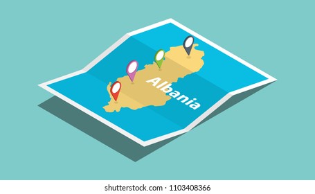 albania explore maps with isometric style and pin location tag on top vector illustration