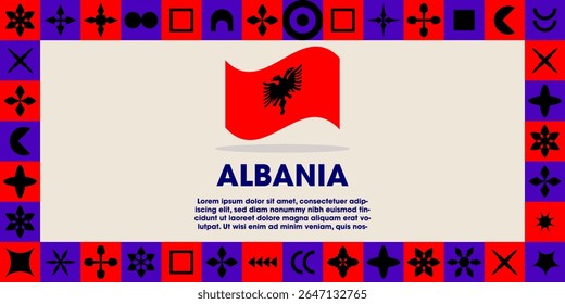 Albania Flag Design banner with cultural design. Independence day design for Albania celebration. Modern neo geometric retro design with flag, showcasing national pride and heritage.