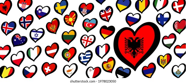 Albania flag and different countries flags with heart flags logo. For Europe, eurovision music song festival, contest. Music songs for vision dreams. Vector euro TV icon pattern. 