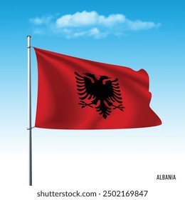Albania flag flying on blue sky, vector illustation.