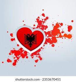 Albania Flag in the form of a 3D heart and paint splashes abstract background. Flag of Albania. Use for brochures, printed materials, logos, signs, elements, etc.