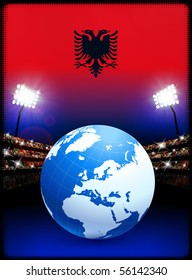 Albania Flag with Globe on Stadium Background Original Illustration