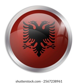 Albania flag - glossy circle button displays a colorful flag representing a country cultural identity and heritage. The essence of national pride and unity.