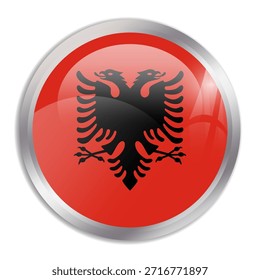 Albania flag - glossy circle button in metal frame displays a colorful flag of a country cultural identity and heritage. The essence of national pride and unity.