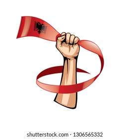Albania flag and hand on white background. Vector illustration