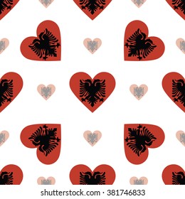 Albania flag heart seamless pattern. Patriotic Albania flag background. Country flag in the shape of heart. Vector seamless pattern.