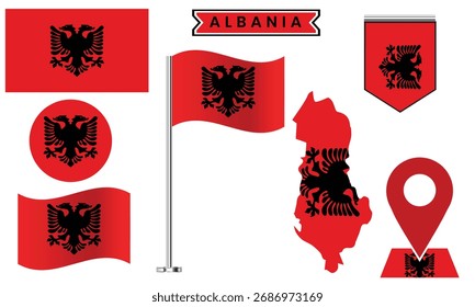Albania Flag Icon Set, Vector Map, Badge, Pin Waving Flag Collection.