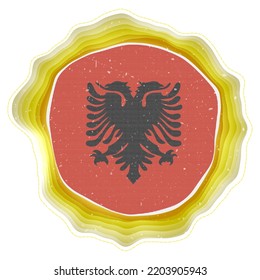 Bandera de Albania en el marco. Insignia del país. Cartel circular en capas alrededor de la bandera de Albania. Ilustración vectorial artística.