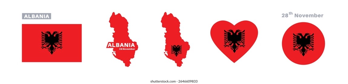 albania flag and map set. albania flag in official colors and proportions. independence day 28 november, map, circle and heart shaped albania	