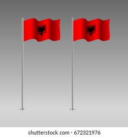 Albania flag on the flagpole. Official colors and proportion correctly. High detailed vector illustration. 3d and isometry. EPS10