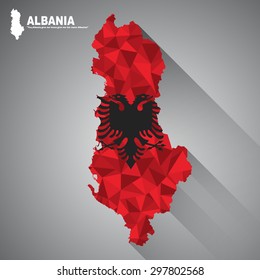 Albania flag overlay on Albania map with polygonal and long tail shadow style (EPS10 art vector)