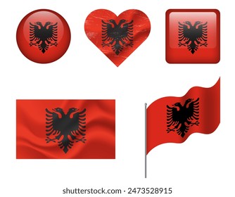 Bandera Albania - conjunto de iconos. Bandera de Vector de Albania, símbolo. Conjunto de banderas albanesas - Botón, ondulado, corazón.