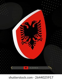 Albania Flag Shield icon in 3D on Dark Modern Abstract Rugby Background. Perfect for sports events, heritage themes, national celebrations, and patriotic designs.