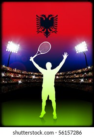 Albania Flag and Tennis Player on Stadium Background Original Illustration