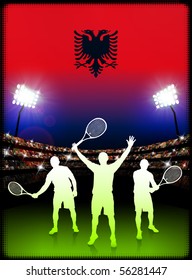 Albania Flag and Tennis Player on Stadium Background Original Illustration