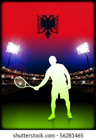Albania Flag and Tennis Player on Stadium Background Original Illustration