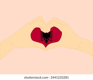 Albania flag with two hands heart shape, express love or affection concept, support or donate to Albania, hand heart love sign, vector design, patriotism and nationalism idea