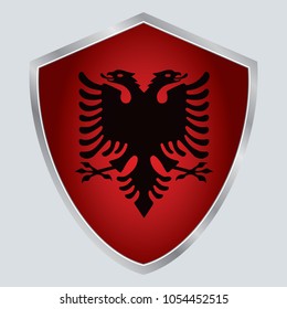 Albania Flag Vector Shield Icon. Europe. vector illustration. vector shadow. gray background. 3d. eps10.