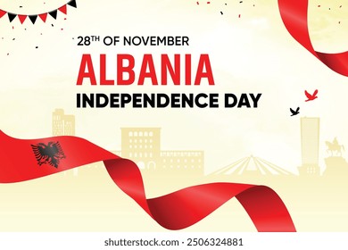 Albanien-Flagge auf Skyline-Hintergrund. Independence Day Concept Design Vektorgrafik.