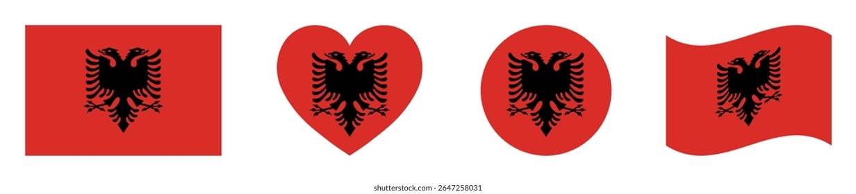 Albania flags set in square, heart, circle and waving formats designs element. Albania flags collection. Set of Albania flags icons isolated on white background. Vector illustration.