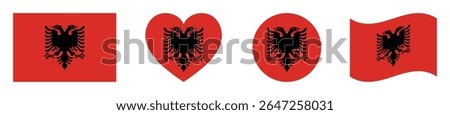 Albania flags set in square, heart, circle and waving formats designs element. Albania flags collection. Set of Albania flags icons isolated on white background. Vector illustration.