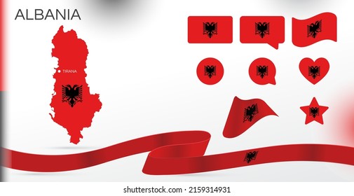 Banderas de Albania puestas. Varios diseños. Mapa y ciudad capital. Banderas del mundo. Conjunto de vectores. Círculo. Plantilla para el día de la independencia. Colección de símbolos nacionales. Cinta con colores del indicador. Tirana