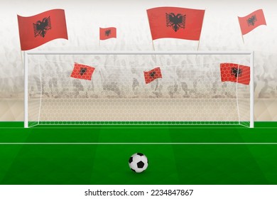Albania football team fans with flags of Albania cheering on stadium, penalty kick concept in a soccer match. Sports vector illustration.