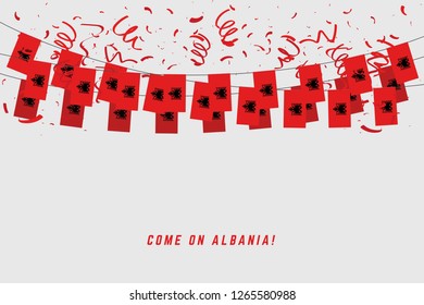 Albania garland flag with confetti on gray background, Hang bunting for Albania celebration template banner.