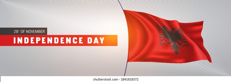 Albania happy independence day greeting card, banner vector illustration. Albanian national holiday 28th of November design element with 3D waving flag on flagpole