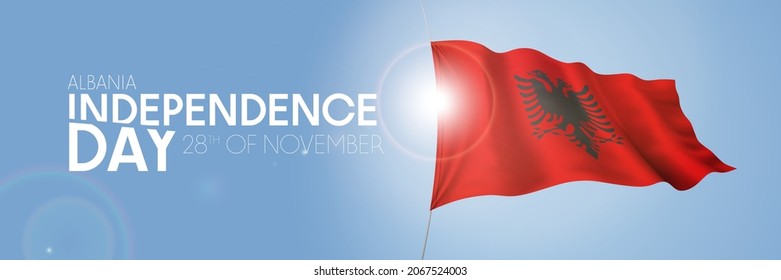 Albania happy independence day greeting card, banner with template text vector illustration. Albanian memorial holiday 28th of November design element with 3D flag with eagle