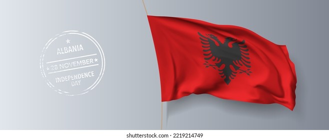 Albania happy independence day greeting card, banner with template text vector illustration. Albanian memorial holiday 28th of November design element with 3D flag with eagle