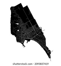 Durrës, Albania, high resolution vector map with city boundaries, and editable paths. The city map was drawn with white areas and lines for main roads, side roads and watercourses on black background
