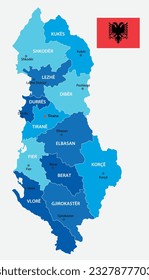 
Albania highly detailed map. Vector blue illustration with borders, cities and national flag