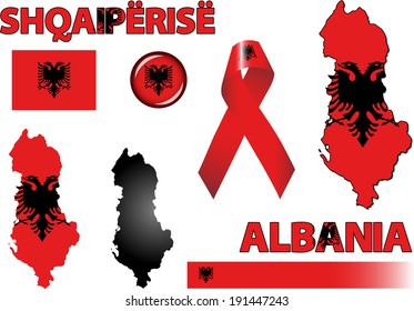 Albania Icons. Set of vector graphic icons and symbols representing Albania. The text says 'Albania' in Albanian.
