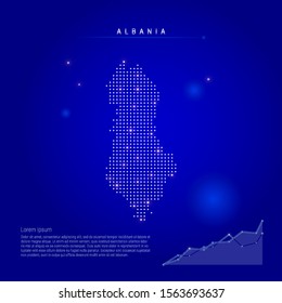 Albania illuminated map with glowing dots. Infographics elements. Dark blue space background. Vector illustration. Growing chart, lorem ipsum text.