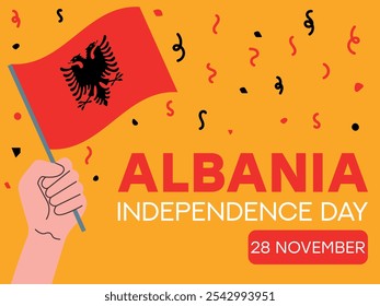 Día de la independencia de Albania 28 de noviembre, bandera de Albania en mano. Tarjeta de felicitación, cartel, Plantilla de Anuncio	