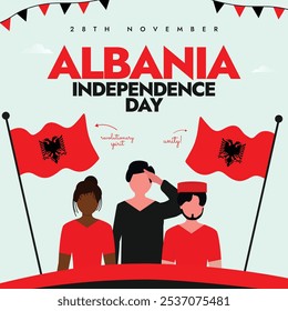 Día de la Independencia de Albania. 28 de noviembre Anuncio de celebración del Día de la Libertad Albanesa con sus banderas, la gente celebra el día con un saludo. El día recuerda la declaración de libertad del país en 1912.