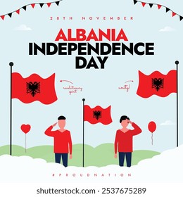 Albania Independence Day, 28th November. Albanian freedom day celebration banner with its flags, People saluting its flags. The day recalls country's declaration of freedom in 1912 from Ottoman empire