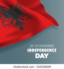 Tarjeta de saludo del Día de la Independencia de Albania, pancarta, ilustración vectorial. Día nacional albanés 28 de noviembre antecedentes con elementos de bandera, formato cuadrado 