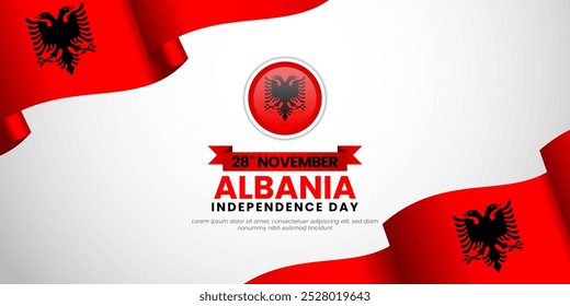 Cartão comemorativo do dia da independência da Albânia, banner fundo vetor ilustração memorial feriado 28 novembro elemento de design com bandeira acenando