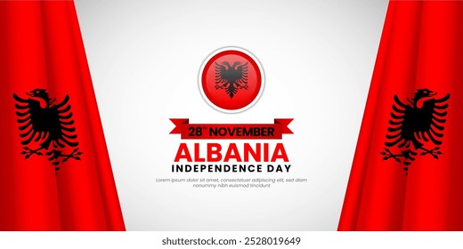 Cartão comemorativo do dia da independência da Albânia, banner fundo vetor ilustração memorial feriado 28 novembro elemento de design com bandeira acenando