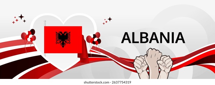Albania Independence Day modern greeting banner. 28 November Happy National Day. Festive horizontal background with flag colors, great for carnival poster, tourism campaign, holidays flash sale