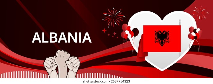 Albania Independence Day modern greeting banner. 28 November Happy National Day. Festive horizontal background with flag colors, great for carnival poster, tourism campaign, holidays flash sale