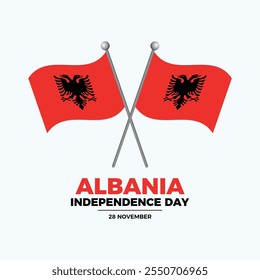 Ilustración vectorial de carteles del Día de la Independencia de Albania. Dos banderas albanesas cruzadas en el Vector de un ícono de poste. Símbolo de la bandera de Albania. Plantilla para el fondo, Anuncio, tarjeta. 28 de noviembre. Día importante