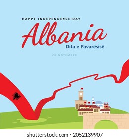 Albania independence day vector illustration with a long flag within local villages scenery. The Albanian text translated as: Independence Day. European and Balkan country public holiday.