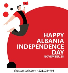 Albania independence day vector illustration with a man jumping and holding the national flag. Eastern European country public holiday celebrated annually on November 28.