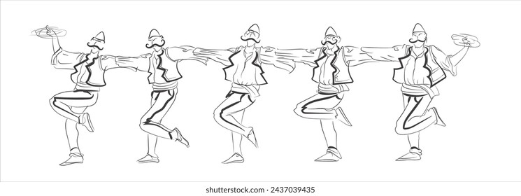 Albania, Kosovo men folk dance with traditional dress, drawing